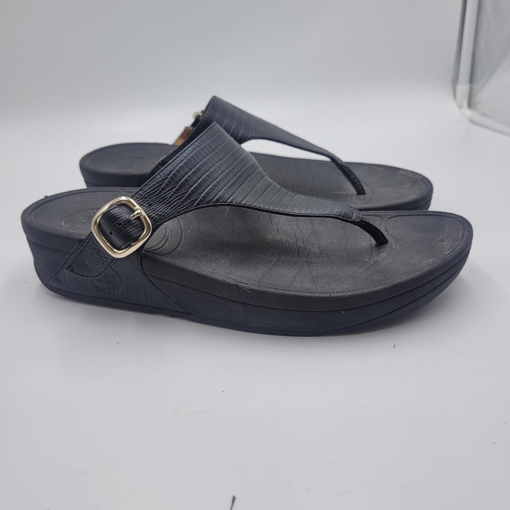 FitFlop Black Lizard Embossed Leather Thong Sandals Cushioned Womens Size 8